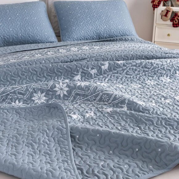 New 3 PC Blue Snowflake & Deer Quilt Set • QUEEN Size - Picture 3 of 8